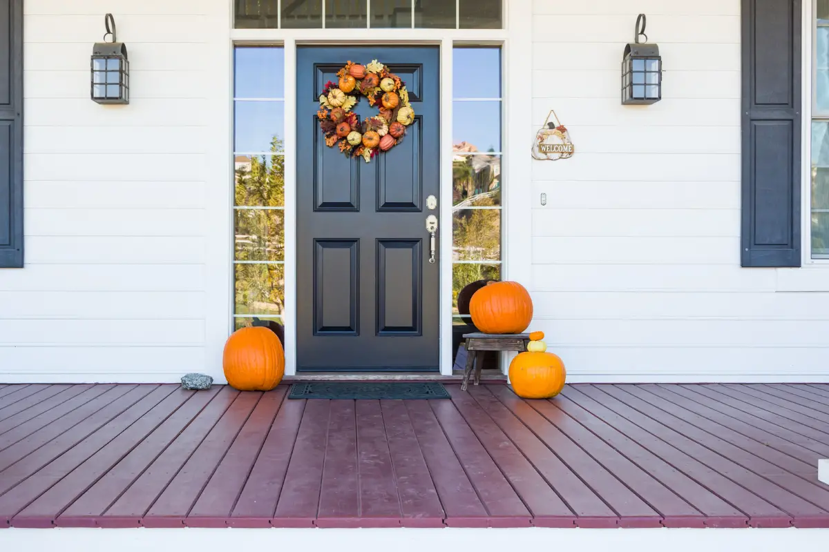 Front door with pumpkins
